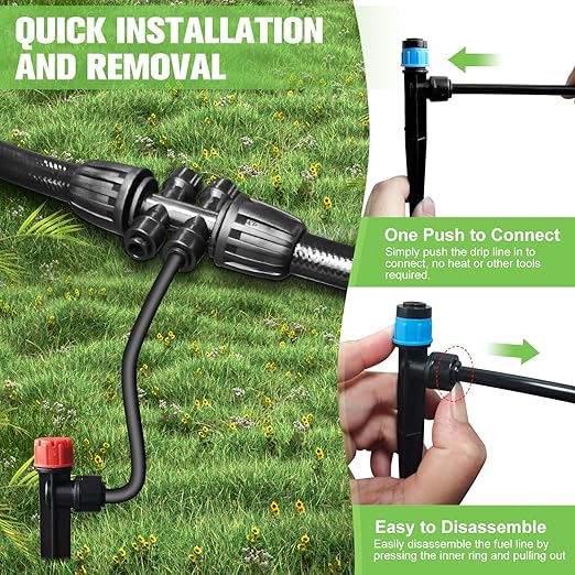 230FT Drip Irrigation System for Garden with 40 Nozzles &amp Emitters Garden Watering System with 1/2 &amp 1/4 Tube and Barbed Fittings - Adjustable Sprinklers Kit for Greenhouse Lawn Raised Be