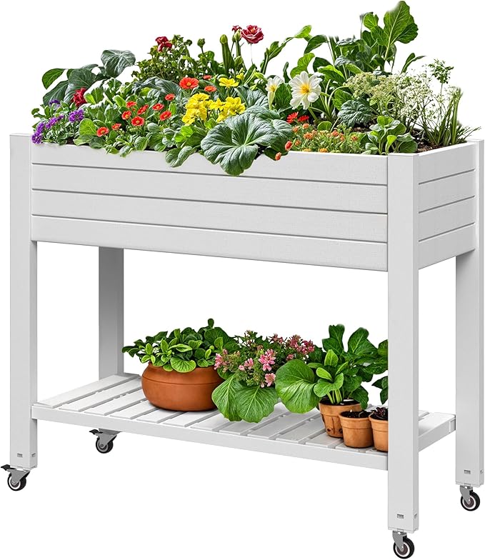 DWVO Raised Garden Bed Kit 3.6 x 1.5 x 2.8 FT Outdoor Plastic Planter Box with Wheels and Legs Garden Box with Drain Plug &amp Storage Shelf for Planting Vegetables Flowers and Herbs Grayish-Whi