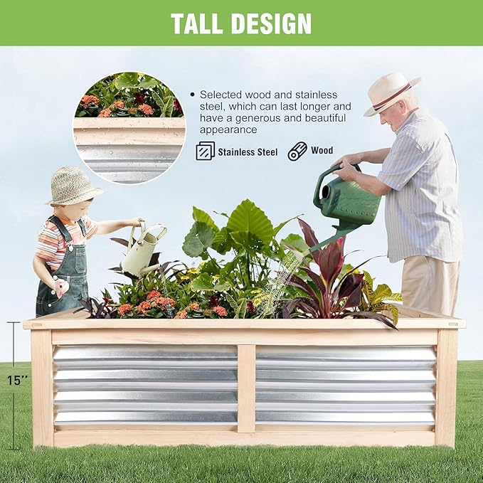 Wood Garden Raised Bed Outdoor Plant Box Planters for Outdoor Plants with Galvanized Metal for Herbs Vegetables Flowers Great Patio Deck Balcony 4X2FT