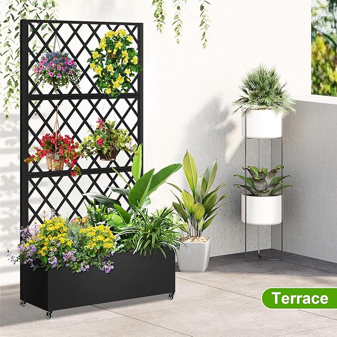 Metal Planter Box with Trellis 72x35x16 Metal Raised Garden Bed with Trellis Trellis Planter Box with Drainage Holes &amp Lockable Casters for Climbing Plants Vegetables and Vines