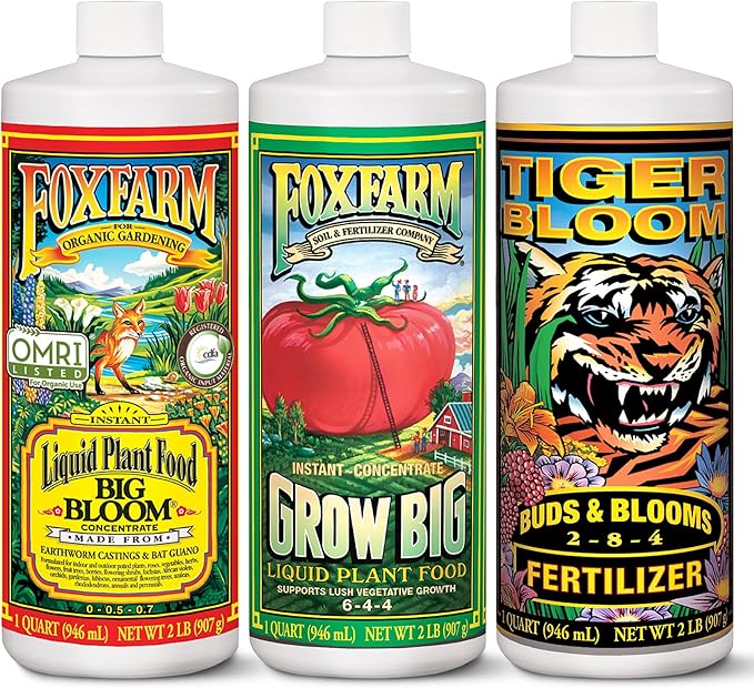 FoxFarm Soil Liquid Trio Pack - Big Bloom Grow Big Tiger Bloom Fertilizers for Vigorous Plant Growth Bud Development &amp Abundant Fruit - Complete Liquid Plant Food Set - 3 Quart Bottles