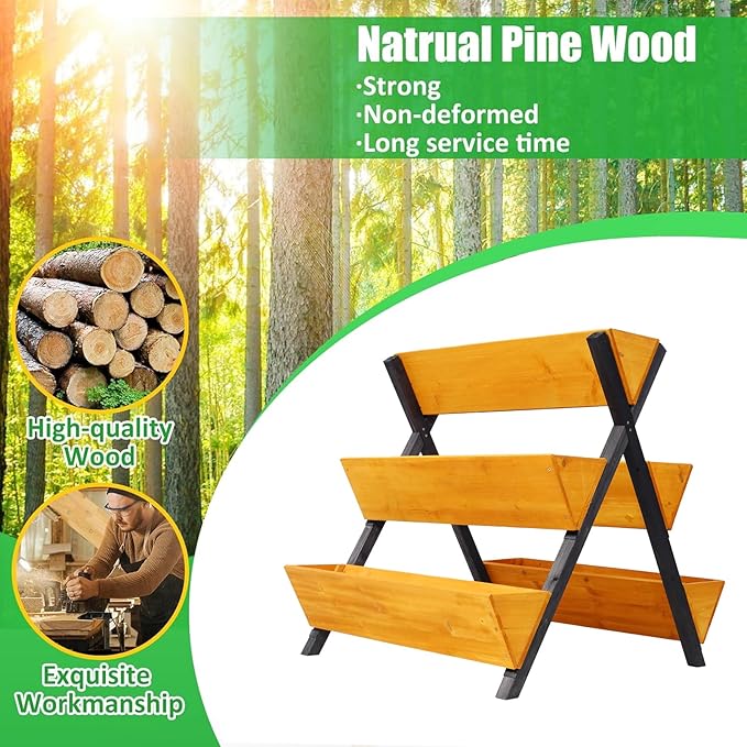 3 Tiers Wooden Vertical Raised Garden Bed with LegsBrown Planter Raised Beds Kit for Flowers Herbs Vegetables