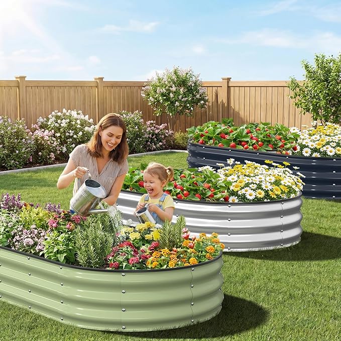 Kesfitt Raised Garden Bed 6x3x1 FT Galvanized Steel Metal Raised Garden Bed Oval Open-Bottom Design 12-Inch Deep for Outdoor Vegetable &amp Herb Gardening Midnight Blue