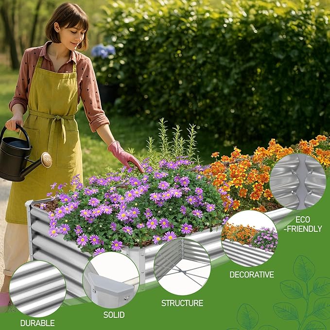 Outvita 6×3×2ft Galvanized Raised Garden Bed Metal Outdoor Planter Box Rectangular Garden Bed for Planting Vegetables Fruits Flowers Silver