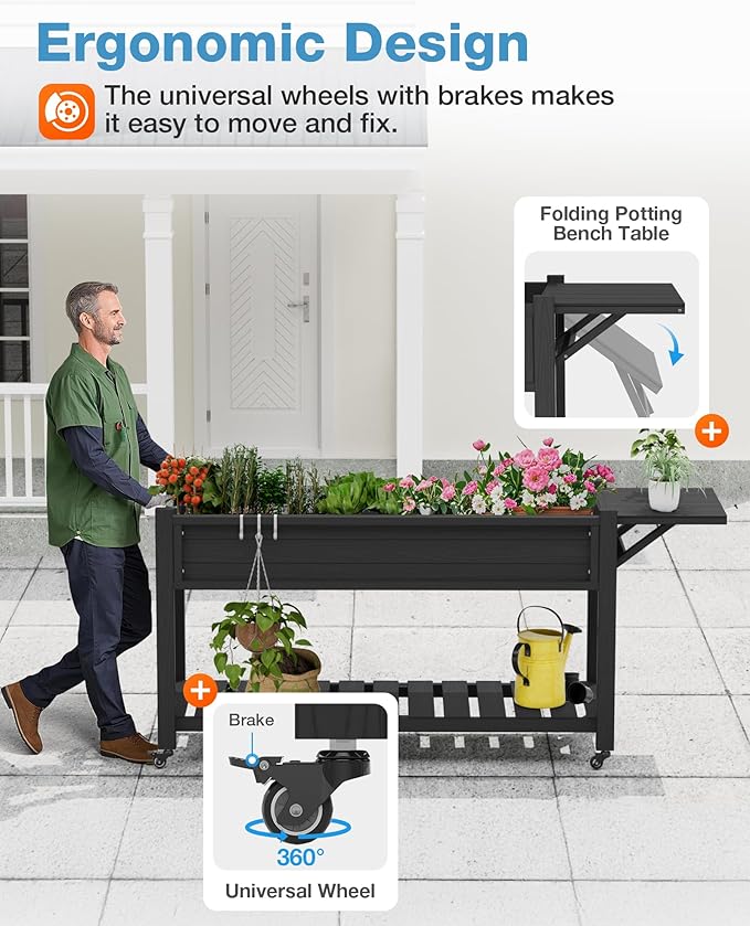 YEFU Raised Garden Bed with Legs: 57x18x30in Elevated Poly Planter with WheelsWaterproof Mobile Raised Bed Garden Elevated Planter Box Stand with Storage ShelfFor DeckPatioPorchYard (Black2pcs)