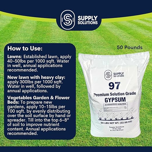 Supply Solutions Premium 97 Solution Grade Gypsum - Fast Acting Gypsum for Soil - Organic Calcium Sulfate Dihydrate - Gypsum Powder for Root Growth Lawns Mushroom Cultivation (50lbs)