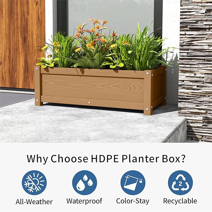 HDPE Planter Box All-Weather Outdoor Garden Bed Easy to Assemble Drainage System Low Maintenance Non-Fading for Flower/Herb/Seed (Teak)