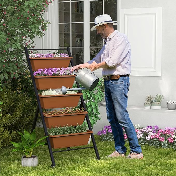 Raised Garden Bed on Wheels 5-Tier Elevated Planter Box with Removable Base Drainage Hole &amp Metal Frame Outdoor Garden Planter Container for Flower Vegetables (1 Brown)