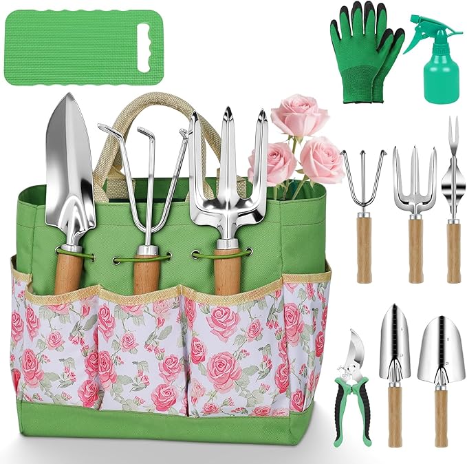 Garden Tool Set10 Piece Garden KitHeavy Duty Stainless Steel Gardening Hand Tools with Durable Storage ToteRust-Proof Garden ToolsGardening Gifts for Women Men Pink Floral Pattern Design