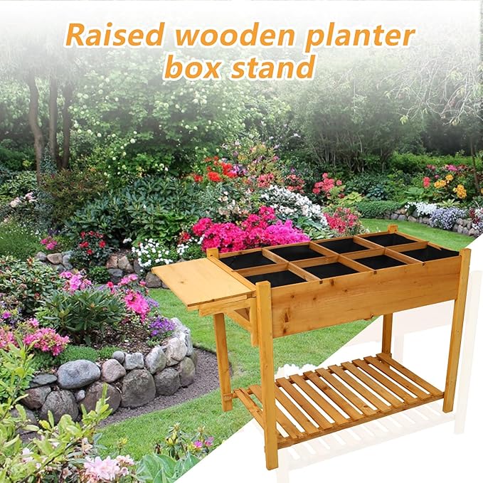 8 Pockets Horticulture Raised Garden Bed Elevated Wood Planter Box Stand with Foldable Side Table and Storage Shelf for Herb/Vegetables/Flowers