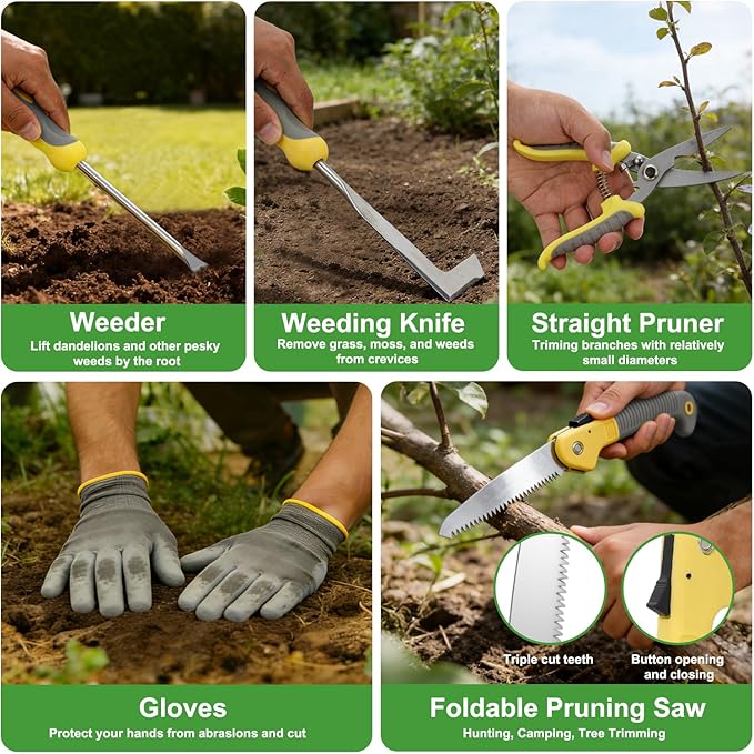 Yesker Gardening Tools 10-Piece Heavy Duty Garden Tool Set Gardening Supplies Gifts for Women Men Gardening Hand Tool Kit w Non-Slip Ergonomic Handle Garden Bag Durable Gloves Pruning Shears Gray