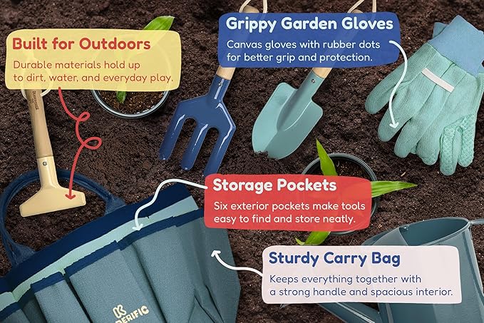 Gardening Set Tool Kit for Kids STEM Includes Tote Bag Spade Watering Can Rake Fork Trowel and Gloves (Ocean Blue)