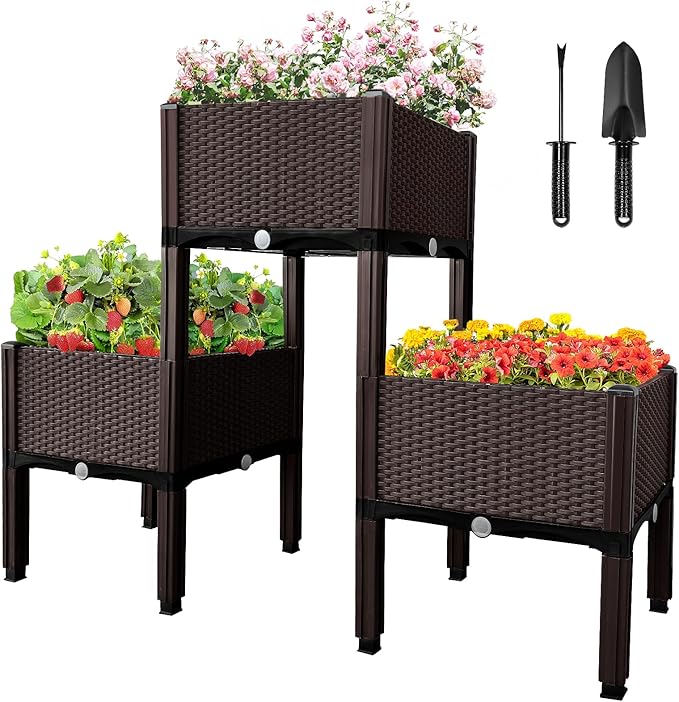 MAYOLIAH Raised Garden Bed with Drainage Elevated Planter Box Plastic Raised Beds for Gardening Vegetables Herb Flowers Perfect for Indoor Outdoor Planting 3 Boxes Brown