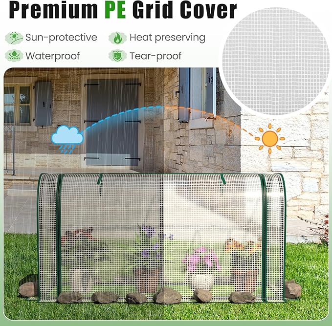 Giantex Raised Garden Bed with Cover Wood Elevated Planter Box with Legs &amp Mini Greenhouse Waterproof Sun-Protective PE Green House Cover Outdoor Use for Fruit Vegetable Flower Herb (White+Gray