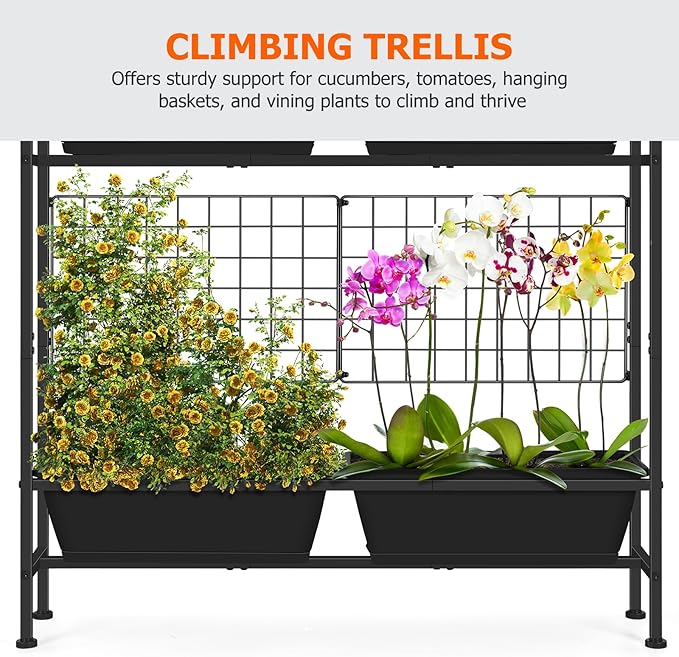 OYEAL Raised Garden Bed 32 Tall Elevated Planter Boxes with Trellis &amp Legs Standing Herb Garden Planter Outdoor for Gardening Vegetables Flowers Herbs Backyard Black