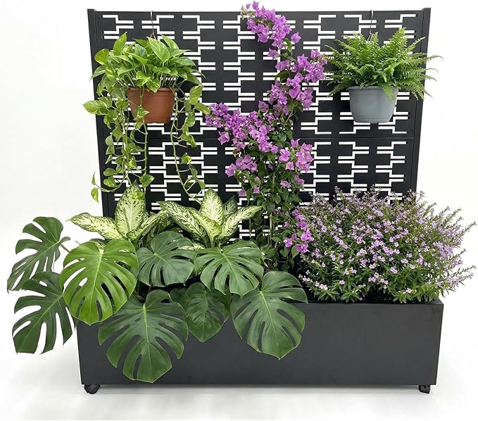 Metal Raised Garden Bed with Trellis &amp Privacy Screen 47.1x47x16 Galvanized Metal Planter Box with Wheels for Patio Balcony Planter Box with Drainage Holes for Climbing Plants Flowers Vegetab