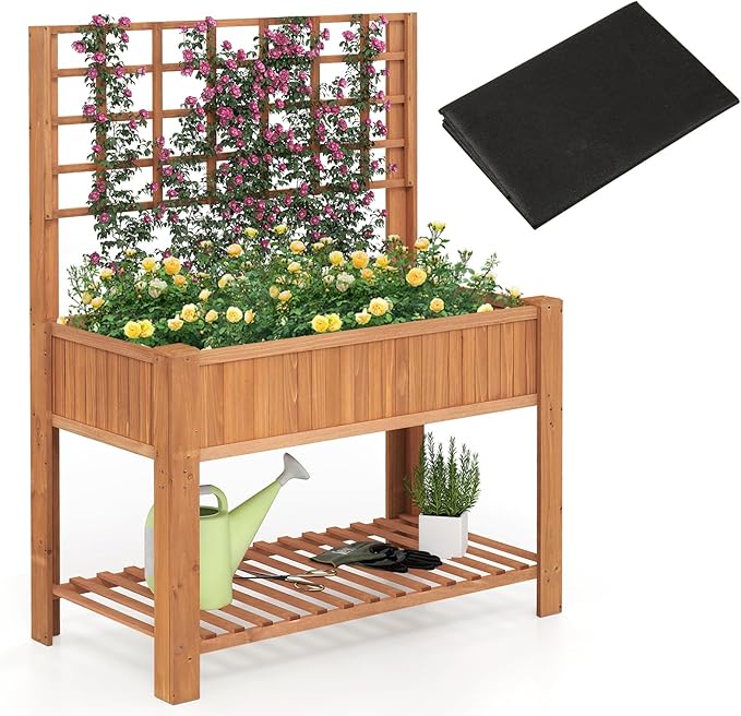Giantex Raised Garden Bed with Trellis Wooden Elevated Planter Box with Legs Drainage Holes for Climbing Plants Vines Vegetables Flowers Herbs Outdoor Horticulture Planter for Patio Yard (Brown)