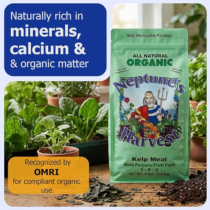 Neptune’s Harvest Organic Kelp Meal Plant Food (1-0-2) - 4 lb Resealable Bag - Multi-Purpose Seaweed Fertilizer - Indoor &amp Outdoor Plant Fertilizer for Lawns Gardens Vegetables &amp Bulbs