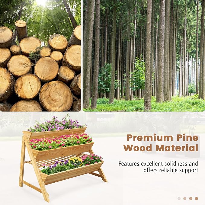 HOMGX 3-Tier Vertical Garden Bed Wooden Tiered Planter Raised Bed with Legs &amp Storage Shelf for Flowers Herbs Vegetables Freestanding Outdoor Plant Box Stand for Patio Balcony