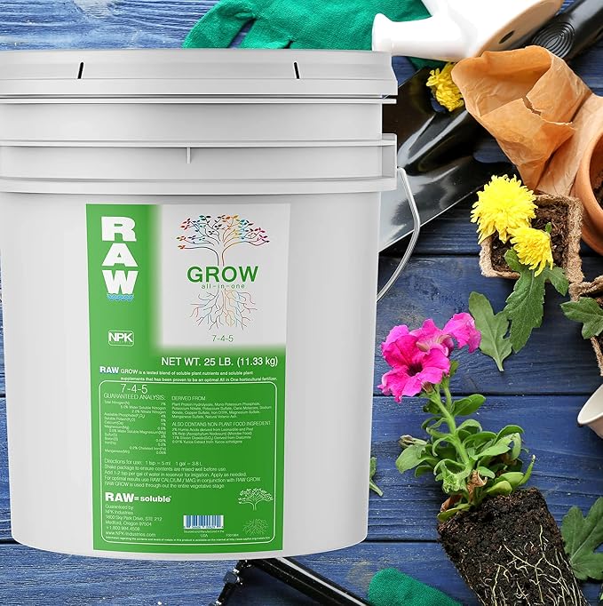 RAW All in One Grow Fertilizer 25lb | Water Soluble Plant Food for Hydroponics Soil &amp Indoor Plants All Purpose Nutrients for Vegetative Growth Garden &amp Vegetable Fertilizer