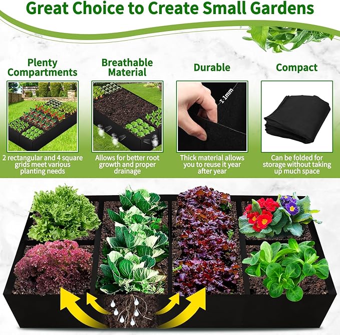 Fabric Raised Garden Bed Large Garden Grow Bags Rectangle Breathable Planting Containers with 4 Grids Reusable Heavy Pot Garden Tools for Vegetables Flowers Plants (6ft x3ft x1ft 128 Gallon Vol.)