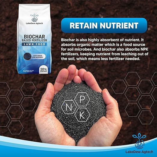 LakeDew Biochar Lawn Fertilizer 16‑0‑8 – Moisture Retention &amp Microbial Boost – Fix New Construction or Sandy Soils – Eco‑Friendly Covers 2500‑6000 sq ft (19.6lb)