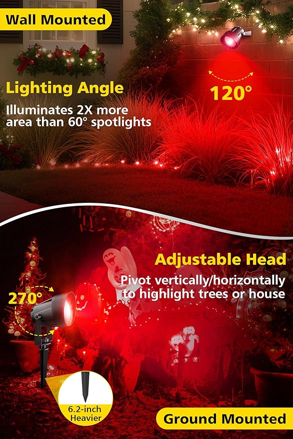 T-SUN Red Spotlight Outdoor Waterproof LED Landscape Lighting with US Plug Easy Install 270° Adjustable Outdoor Spot Lights for Garden Tree Yard Decor