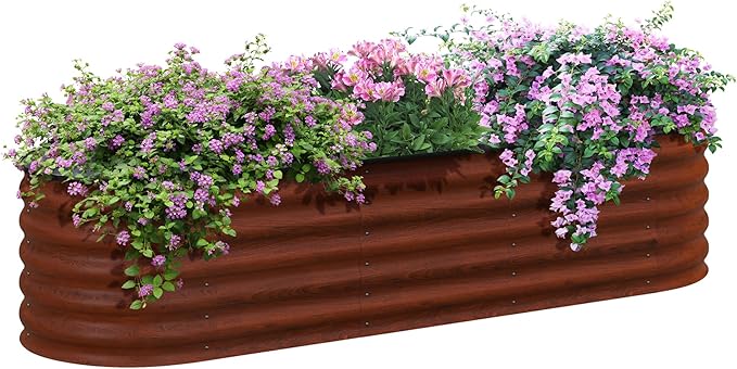 6.5' x 2' x 1.4' Galvanized Raised Garden Bed Kit Outdoor Metal Elevated Planter Box with Safety Edging Easy DIY Stock Tank for Growing Flowers Herbs Vegetables Brown