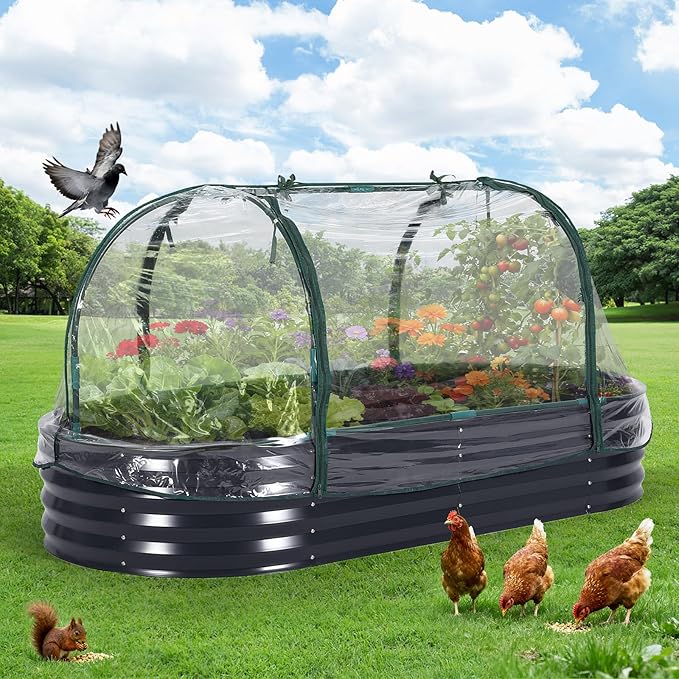 Raised Garden Bed with Cover Galvanized Oval Planter Garden Box Outdoor for Gardening Vegetables Flowers 6X3X1 ft Gray