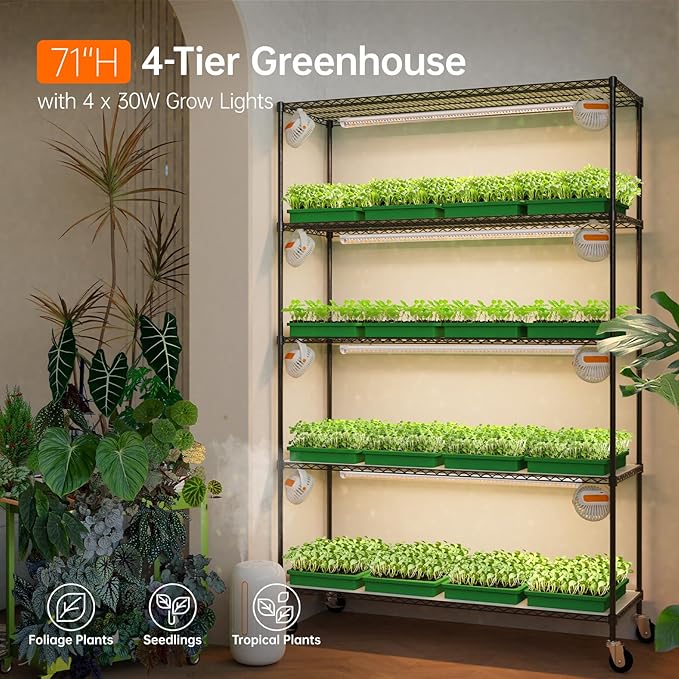 Bstrip Plant Shelf with Grow Light 5 Tier Large Tall Plant Stand with 3FT T8 120W Grow Light for Indoor Plants Full Spectrum LED Plant Light with Wheel for Seedling (47.2 Lx17.8 Wx71 H)