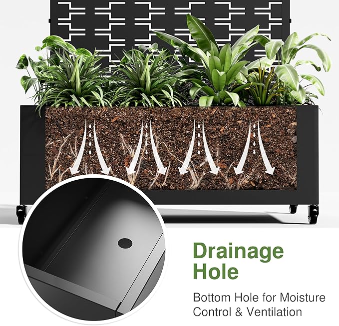 Casaphoria Metal Raised Garden Bed with Trellis and Wheels 72x35x16 Planter Box for Climbing Plants Vegetables &amp Vines Features Drainage Holes and Privacy Screen (Black-Brick)