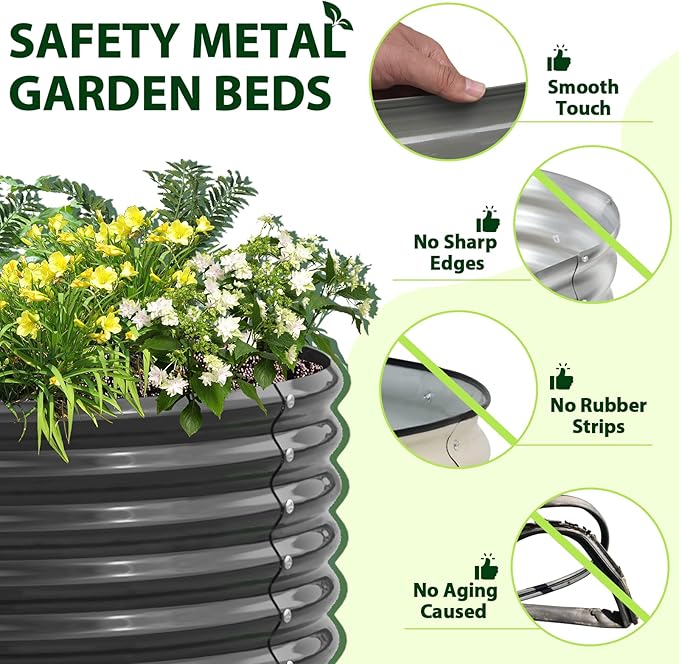 A ANLEOLIFE 6 Pcs 8X4X1.5 ft Oval Large Galvanized Raised Garden Beds Outdoor for Planting Vegetables Flowers Herb Quartz Grey