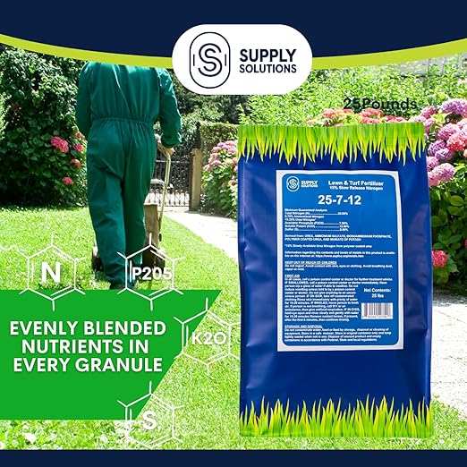 Supply Solutions 25-7-12 Lawn and Turf Fertilizer - 15% Slow Release Nitrogen Lawn Fertilizer for All Grass Types Shrubs - Turf Builder Plant Food Covers 6250 sq.ft (25lbs)