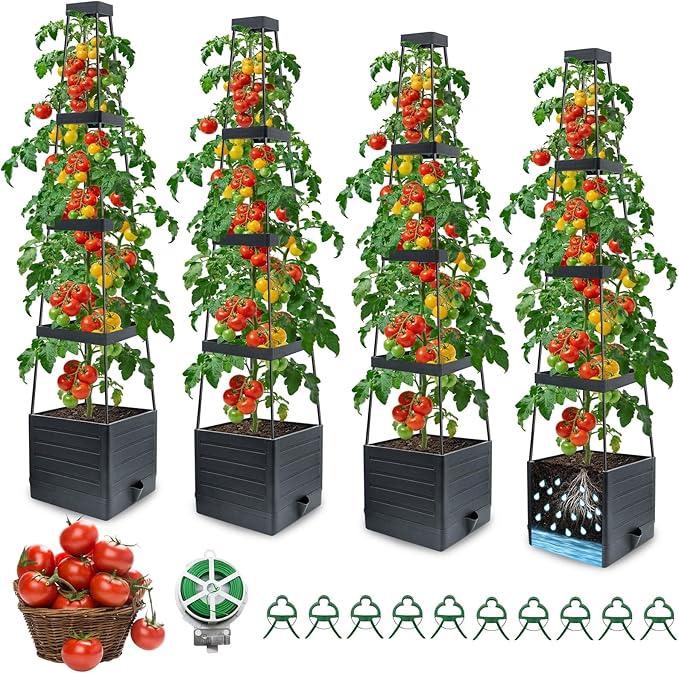 MQFORU 4Pack Raised Garden Bed Planter Boxes with Trellis 57 Self-Watering Tomato Planter Boxes with Trellis for Climbing Vegetable and Plants Tomato Cage for Indoor Outdoor Use