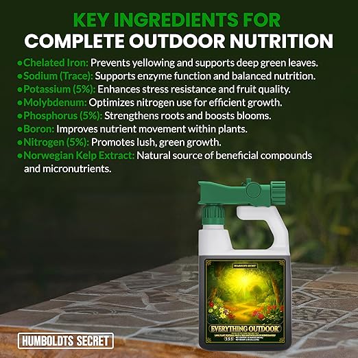 Humboldts Secret Everything Outdoor Plant Food | 5-5-5 Liquid Fertilizer with Norwegian Kelp | All Purpose Lawn Vegetable &amp Fruit Food | Garden Nutrients | Refillable Hose End Bottle | 32 Ounce