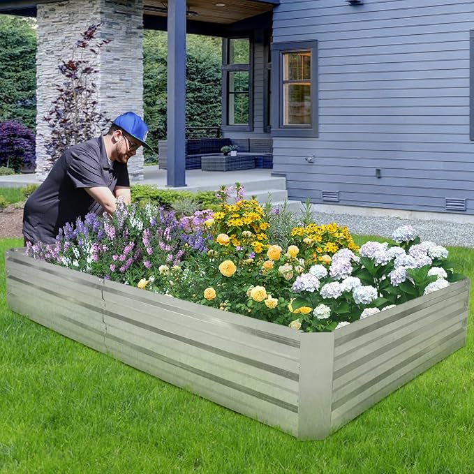 HKLGorg Galvanized Raised Garden Bed 8 x 4 x 1ft Galvanized Planter Large Metal Planter Box Raised Garden Bed for Flowers Vegetables and Fruits Rustproof Planter Box with No Bottom Silver