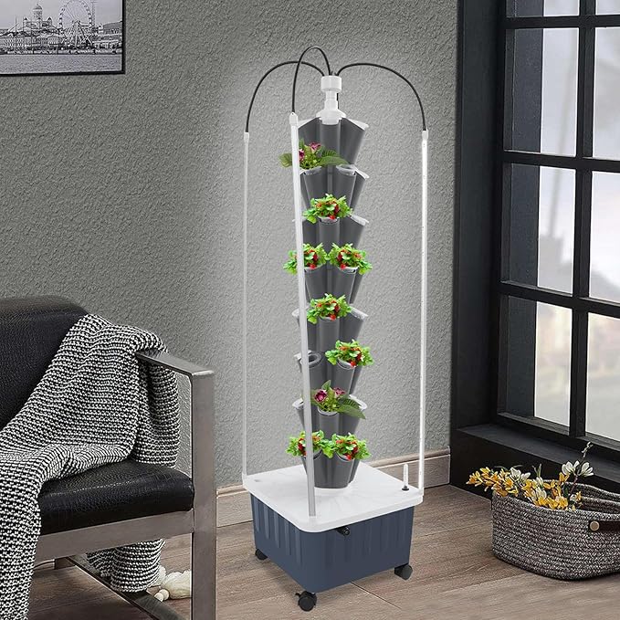 8-Layer Hydroponic Growing Tower with 40 Plant Sites &amp 4 Adjustable LED Grow Lights High-Efficiency Water Cycle System for Home School or Lab Use (Gray)