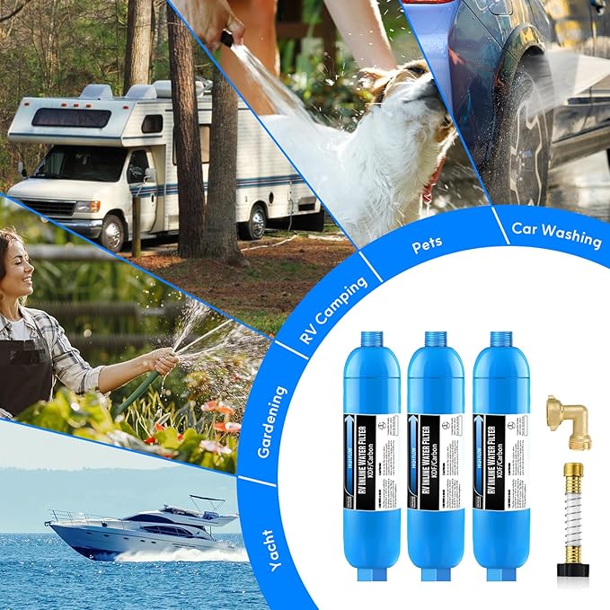 Lifefilter RV Inline Water Filter with Solid Brass 90 Degree Hose Elbow Eliminates Stress and Strain On RV Water Intake Hose Fittings(3 Pack)