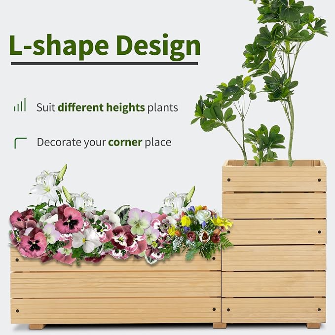 MCombo L Shape Wooden Raised Garden Bed Outdoor Planter Box Elevated Garden Bed for Vegetables Herb and Flowers 0213