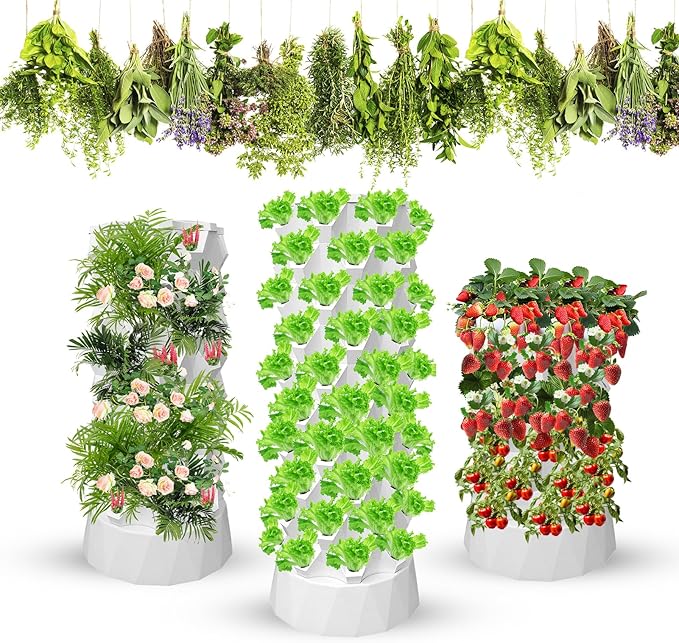 8 Layers 64 Pots Vertical Hydroponics Tower Growing System with Water Pump Indoor Outdoor Hydroponic Planter Starter Kit Vertical Gardening System for Strawberries Tomatoes Lettuce Plant