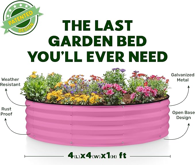 Round Galvanized Raised Garden Bed // 4×4×1 ft Galvanized Raised Garden Beds Outdoor for Gardening Vegetables Flowers // Patented Tool-Free Design Round Planter (Pink)