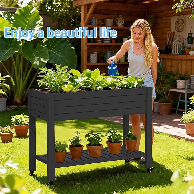 43 Elevated Garden Bed with Wheels &amp Legs 78L/21 Gal Large Raised Planter Box with Drainage &amp Water Level Indicator Mobile Herb Garden Kit for Patio &amp Balcony Black