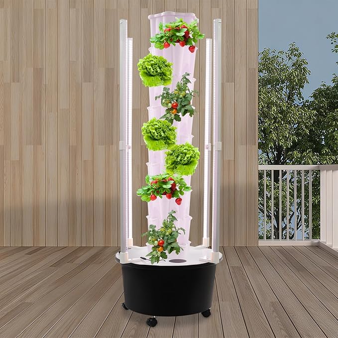 8 Tier Hydroponic Growing Tower with Led Grow Lights Water Pump 48 Planting Pots Vertical Garden Indoor Outdoor Automatic Water Circulation System Locking Wheels for Home Patio Balcony