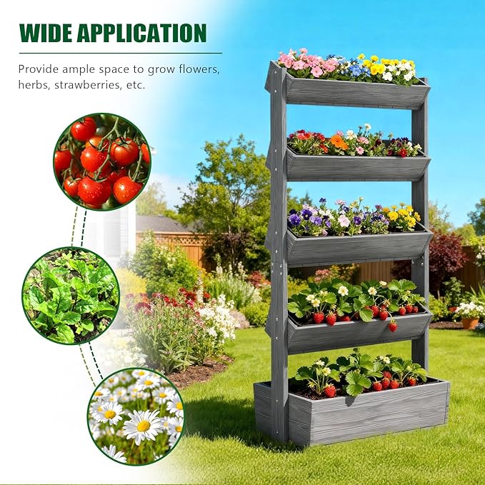 Wooden Vertical Raised Garden Bed 5 Tier Garden Planters Raised Beds Freestanding Plant Stand Flower Rack Wooden Planter Box for Plants Herbs Flowers Vegetables Outdoor Indoor Gardening