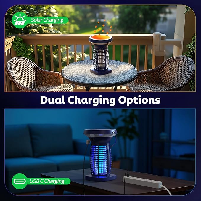 Solar Bug Zapper Outdoor Mosquito Zapper Outdoor Waterproof Electric Fly Zapper Rechargeable Mosquito Killer with Solar Panel 4200V Fly Trap Indoor for Home Backyard Patio Garden Camping