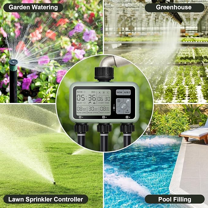 Watering Timer 3 Zone Sprinkler Timer Programmable Garden Outdoor Hose Faucet Timer with Rain Delay Auto &amp Manual Watering SystemWater Hose Irrigation Timers 3 Outlet for Garden