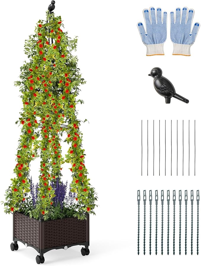 HAPPYGRILL 71 Garden Trellis for Climbing Plants Self-Watering Raised Garden Bed w/Obelisk Trellis Lockable Wheels Adjustable Height Indoor Outdoor Vertical Planter Box for Flower Vine (1)