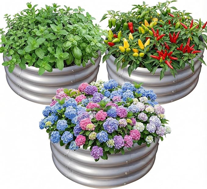2x2x1 FT Round Galvanized Raised Garden Bed Kit OutdoorGarden Bed for Vegetables Fruits Flowers(Silver3PCS)