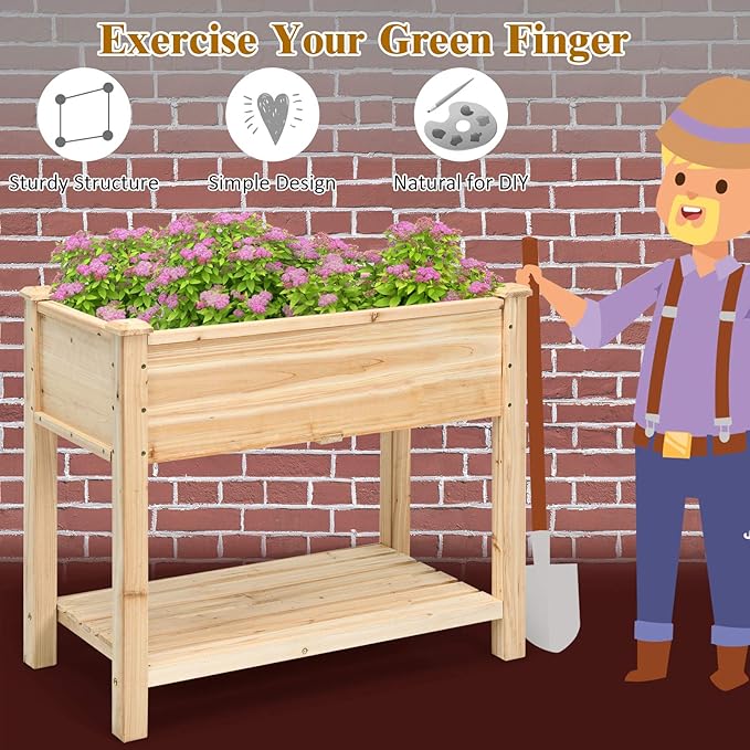 S AFSTAR Raised Garden Bed with Storage Shelf Elevated Cedar Wood Planter Box with Legs Outdoor Gardening Planting Bed for Vegetables Flower Herb Grow Great for Backyard Patio Lawn