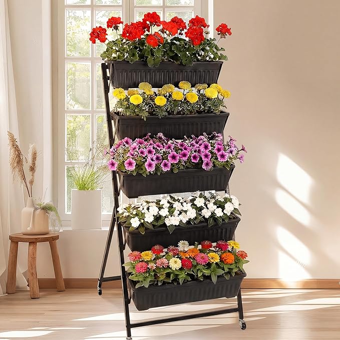2 Pack 5 Tier Vertical Garden Planter with Wheels 4.5 ft Raised Garden Bed for Strawberry Herb Vegetable Flower Stackable Planter Boxes with Drainage for Patio Indoor Outdoor(Black)